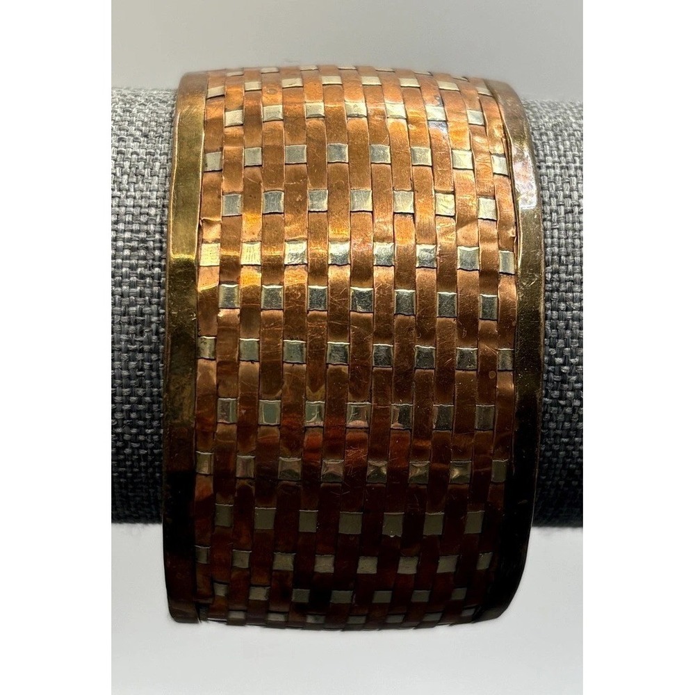 Vintage Mixed Metal Basket Weave Woven Wide Cuff Bracelet Copper Silver Tone 7"